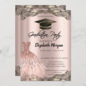 バラ金ゴールドグリッタードレスブラックグラードキャップ卒業 招待状 (正面/裏面)