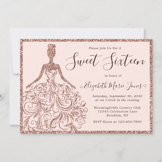 バラ金ゴールドグリッタードレスSweet sixteen16誕生日 招待状 (正面)