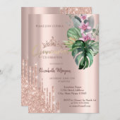 バラ金ゴールドグリッタードロップトロピカルフラワー 招待状 (正面/裏面)