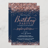 バラ金ゴールドグリッターネイビーブルーエイジ誕生日 招待状 (正面/裏面)