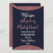 バラ金ゴールドグリッターネイビーブルーサーキュラーメイド・オブ・オーナー（花嫁付き添い人） 招待状 (正面/裏面)