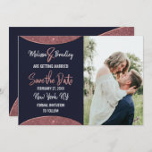 バラ金ゴールドグリッターネイビーブルーサーキュラー日付の保存 招待状 (正面/裏面)