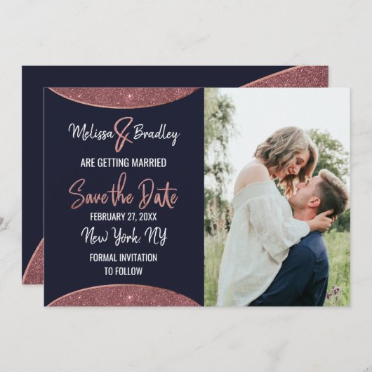 バラ金ゴールドグリッターネイビーブルーサーキュラー日付の保存 招待状 (正面/裏面)