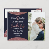 バラ金ゴールドグリッターネイビーブルーサーキュラー日付の保存 案内ポストカード (正面/裏面)