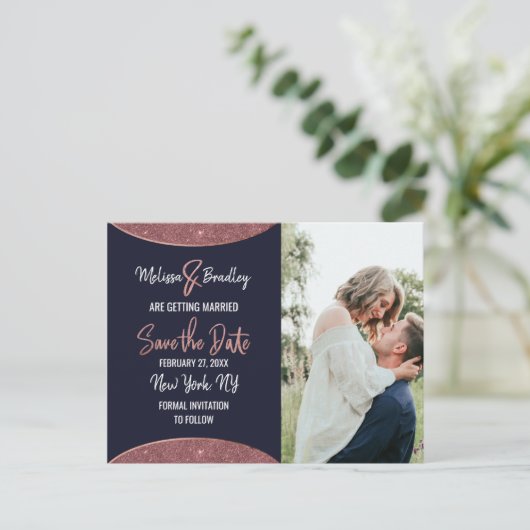 バラ金ゴールドグリッターネイビーブルーサーキュラー日付の保存 案内ポストカード (スタンド正面)