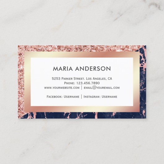 バラ金ゴールドグリッターネイビーブルーマーブルメイクアップアーティスト 名刺 (裏面)