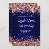 バラ金ゴールドグリッターネイビーブルーモノグラム40th誕生日 招待状 (正面/裏面)