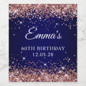 バラ金ゴールドグリッターネイビーブルー60th誕生日 ワインラベル (シングルラベル)