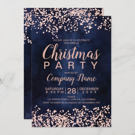 バラ金ゴールドグリッターネイビー企業のクリスマスパーティー 招待状 (正面/裏面)