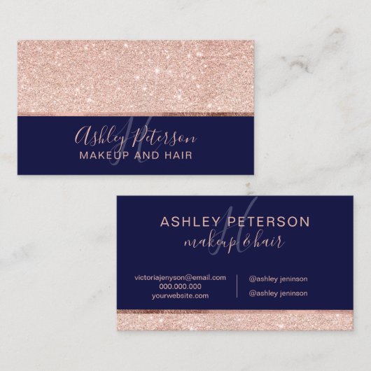 バラ金ゴールドグリッターネービーブルーヘア化粧モノグラム 名刺 (正面/裏面)