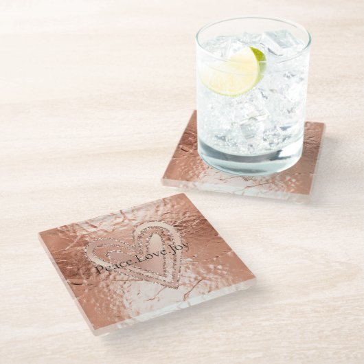 バラ金ゴールドグリッターハートピースラブジョイ引用文 ガラスコースター (アングル)