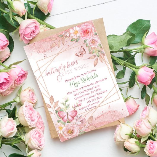 バラ金ゴールドグリッターバタフライウォーター色ベビーシャワー 招待状