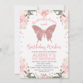 バラ金ゴールドグリッターバタフライキス誕生日ウィッシュ 招待状 (正面)