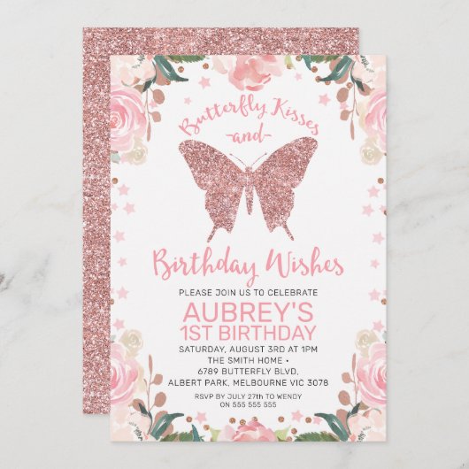 バラ金ゴールドグリッターバタフライキス誕生日ウィッシュ 招待状 (正面/裏面)