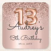 バラ金ゴールドグリッターバルーンメタリック13誕生日 スクエアペーパーコースター (正面)