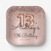 バラ金ゴールドグリッターバルーン13th誕生日モノグラム ペーパープレート (正面)