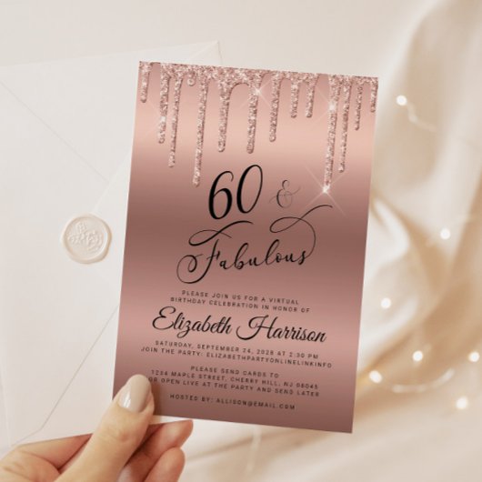 バラ金ゴールドグリッターバーチャル60th誕生日パーティー 招待状