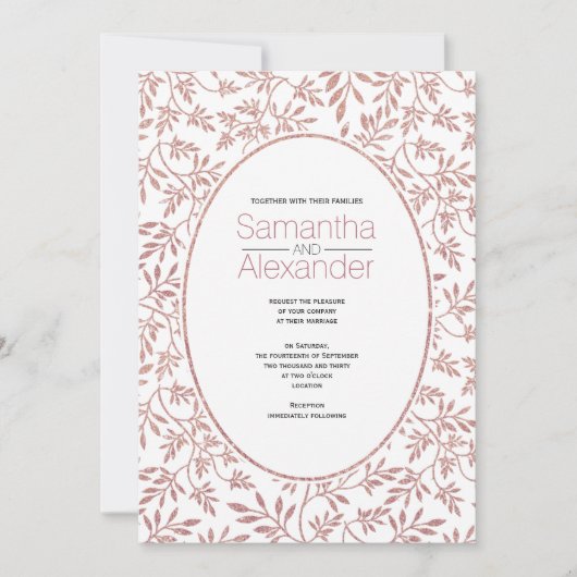 バラ金ゴールドグリッターパター葉ントレンディー結婚の 招待状 (正面)