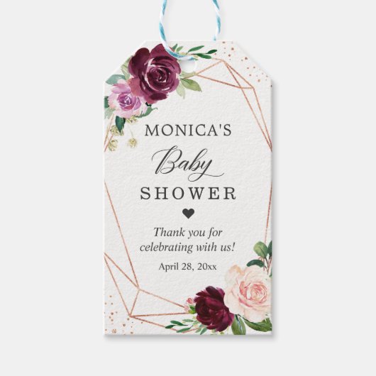 バラ金ゴールドグリッターパープル赤面フローラベビーシャワー ギフトタグ (正面)
