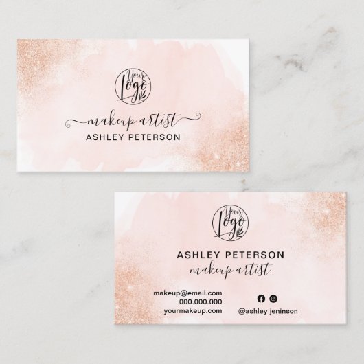 バラ金ゴールドグリッターピンクのブラシストロークのロゴメイク 名刺 (正面/裏面)