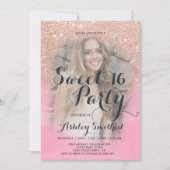バラ金ゴールドグリッターピンクの水色の写真Sweet 16 招待状 (正面)