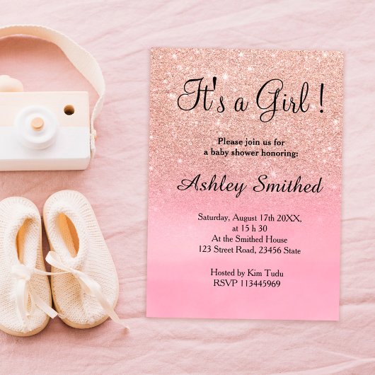 バラ金ゴールドグリッターピンクの水色の女の子の赤ちゃんシャワー 招待状