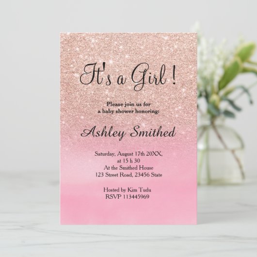 バラ金ゴールドグリッターピンクの水色の女の子の赤ちゃんシャワー 招待状 (スタンド正面)