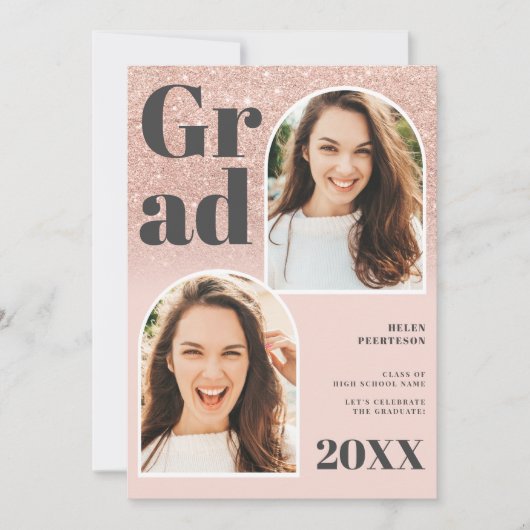 バラ金ゴールドグリッターピンクアーチ3枚の写真卒業 招待状 (正面)