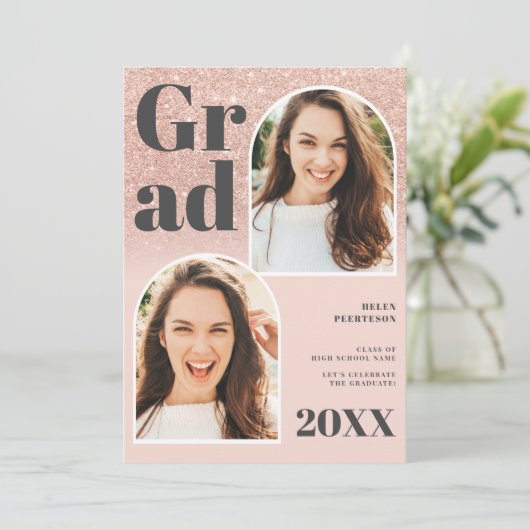 バラ金ゴールドグリッターピンクアーチ3枚の写真卒業 招待状 (スタンド正面)