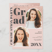 バラ金ゴールドグリッターピンクアーチ3枚の写真卒業 招待状 (正面/裏面)