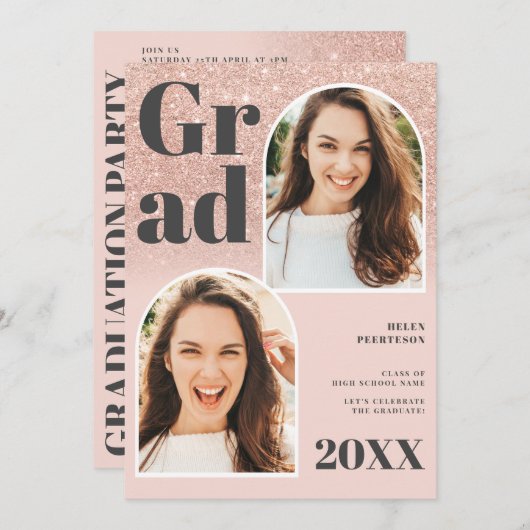 バラ金ゴールドグリッターピンクアーチ3枚の写真卒業 招待状 (正面/裏面)