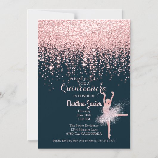 バラ金ゴールドグリッターピンクキンセアニラ15誕生日 マグネット招待状 (正面)