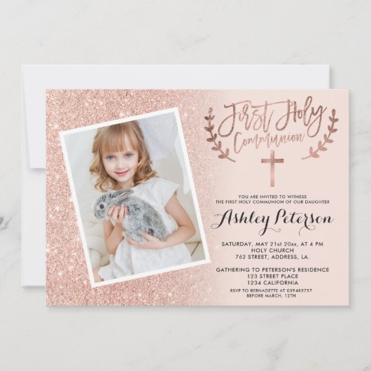 バラ金ゴールドグリッターピンクグラデーションの最初の共産写真 招待状 (正面)