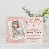 バラ金ゴールドグリッターピンクグラデーションの最初の共産写真 招待状 (スタンド正面)