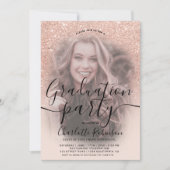 バラ金ゴールドグリッターピンクグラデーションの3枚の写真の卒業 招待状 (正面)