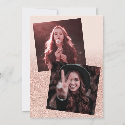 バラ金ゴールドグリッターピンクグラデーションの3枚の写真の卒業 招待状 (裏面)