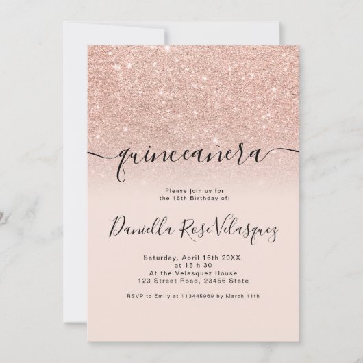 バラ金ゴールドグリッターピンクグラデーションキンセアニェラ 招待状 (正面)