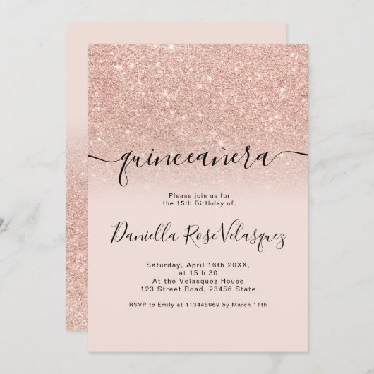 バラ金ゴールドグリッターピンクグラデーションキンセアニェラ 招待状 (正面/裏面)