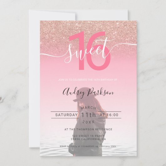 バラ金ゴールドグリッターピンクグラデーションフォトスイート16 招待状 (正面)