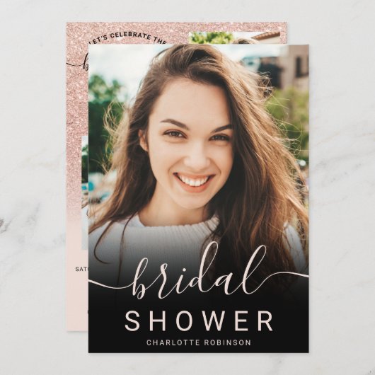 バラ金ゴールドグリッターピンクグラデーション5フォトブライダルシャワー 招待状 (正面/裏面)