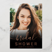 バラ金ゴールドグリッターピンクグラデーション5フォトブライダルシャワー 箔招待状 (正面)