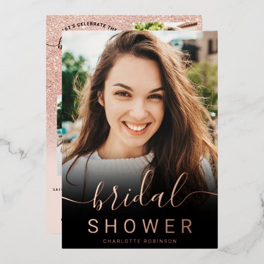 バラ金ゴールドグリッターピンクグラデーション5フォトブライダルシャワー 箔招待状 (正面/裏面)