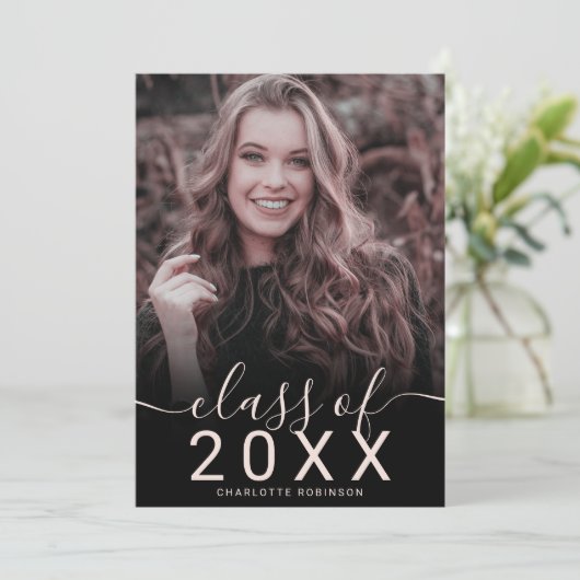 バラ金ゴールドグリッターピンクグラデーション5枚の写真の卒業 招待状 (スタンド正面)