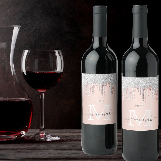 バラ金ゴールドグリッターピンクシルバースパークルモノグラム ワインラベル