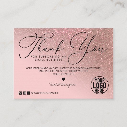 バラ金ゴールドグリッターピンクスクリプトお客様ありがとうございます 名刺 (正面)