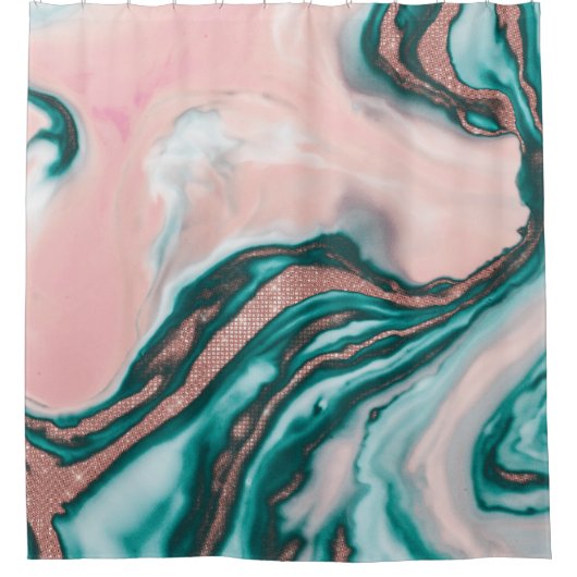 バラ金ゴールドグリッターピンクティール（緑がかった色）渦巻形のマ絵を描ーブル シャワーカーテン (正面)