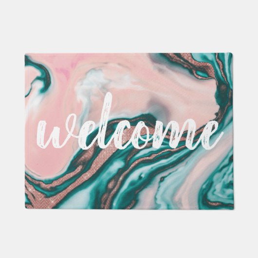 バラ金ゴールドグリッターピンクティール（緑がかった色）渦巻形のマ絵を描ーブル ドアマット (正面)