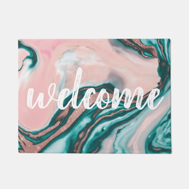 バラ金ゴールドグリッターピンクティール（緑がかった色）渦巻形のマ絵を描ーブル ドアマット (正面)
