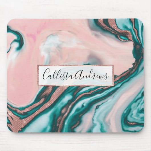 バラ金ゴールドグリッターピンクティール(緑がかった色)渦巻形のマ絵を描ーブル マウスパッド (正面)