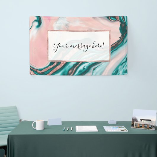 バラ金ゴールドグリッターピンクティール(緑がかった色)渦巻形のマ絵を描ーブル 横断幕 (トレードショー)